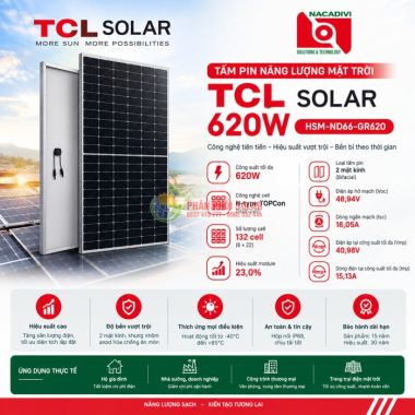 Tấm pin TCL Solar 620W năng lượng mặt trời 2 mặt kính – HSM-ND66 GR620